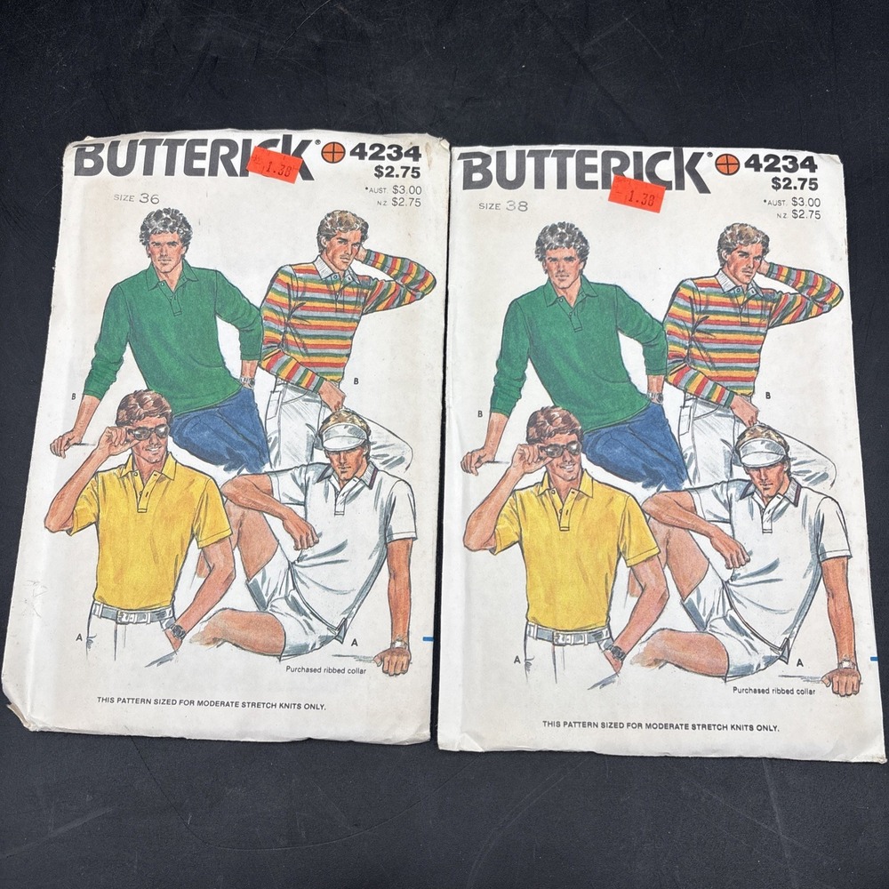 Lot Of 2 Vintage Butterick 4234 Mens Polo Shirt Sewing Patterns Size 36 & 38 New